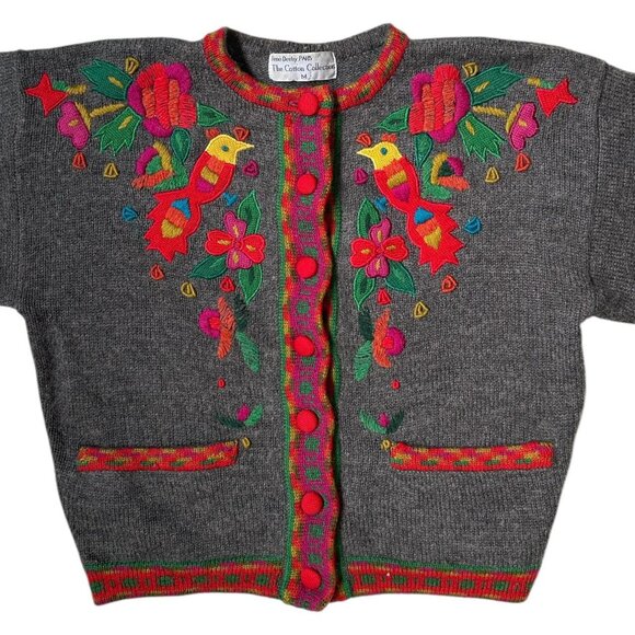80s vintage Embroidered Bird wool blend cardigan sweater Rene Derhy animals. - Picture 2 of 6
